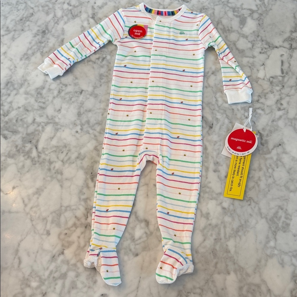 NWT Magnetic Me Multicolor Striped Footie with bees & ladybugs 9/12M